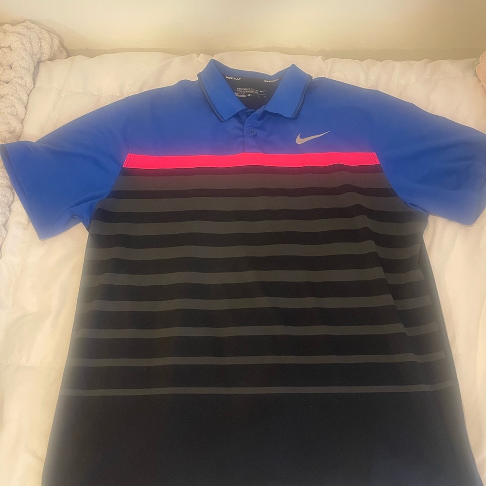 Nike Golf Shirt Men's Blue and Black Polo Shirt with Dark Pink Stripe Mens XL